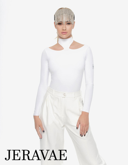 Long Sleeve White Bodysuit Top with Grecian Neckline and Mesh Insert on Back PRA 689_sale