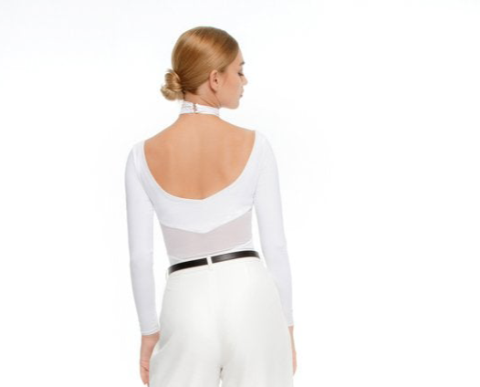 Long Sleeve White Bodysuit Top with Grecian Neckline and Mesh Insert on Back PRA 689_sale