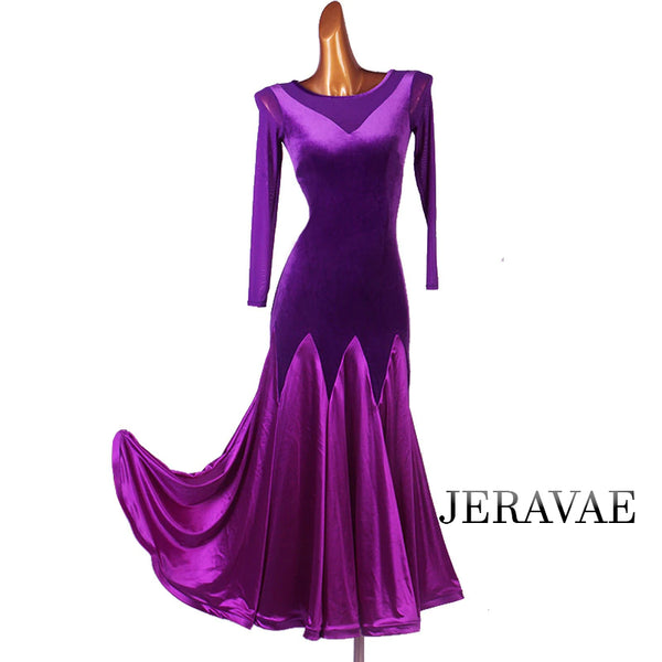 Classic Velvet Ballroom Practice Dress with 3/4 Length Sleeves, Satin Skirt, Wrapped Horsehair Hem, and Mesh Cutout on Shoulder and Back Pra774_in
