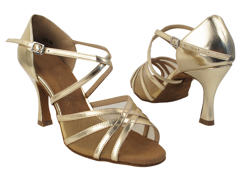 Very Fine SERA1605 Gold Leather and Flesh Mesh Latin Shoe with 3 Inch Flare Heel and Double Cross Strap