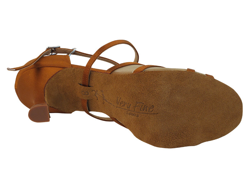 Very Fine SERA1605 Dark Tan Satin Latin Shoe with 3 Inch Flare Heel, Double Cross Strap, and Slip Buckle