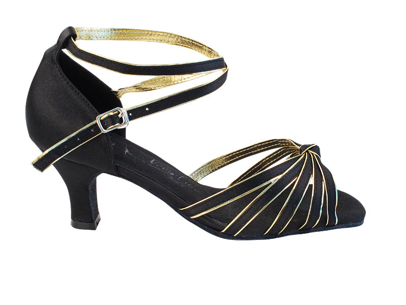 Very Fine SERA7043 Black Satin Gold Trim Latin Shoe with 2.5 Inch Heel and Double Cross Strap