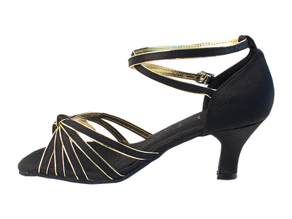 Very Fine SERA7043 Black Satin Gold Trim Latin Shoe with 2.5 Inch Heel and Double Cross Strap