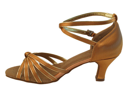 Very Fine SERA7043 Tan Satin Gold Trim Latin Shoe with 2.5" Heel and Double Cross Strap