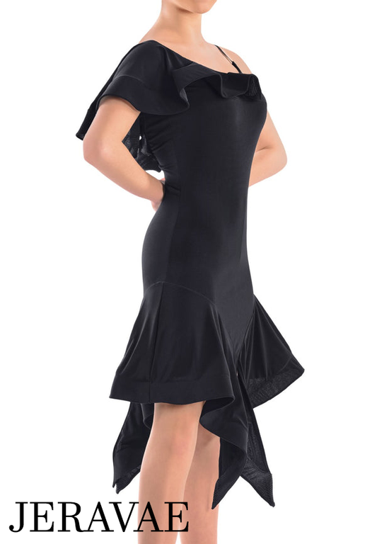 Victoria Blitz Siracusa Black Latin Practice Dress with Frill on One Shoulder, Unique Asymmetrical Skirt, and Open Back PRA 723 in Stock
