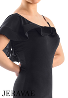 Victoria Blitz Siracusa Black Latin Practice Dress with Frill on One Shoulder, Unique Asymmetrical Skirt, and Open Back Pra723 in Stock