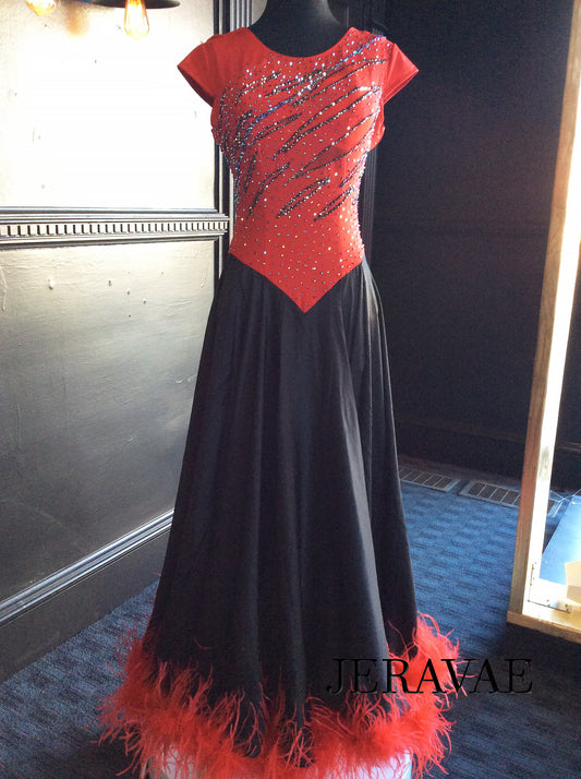 Red and Black Fire Ballroom Dress with Satin Skirt and Red Ostrich Boa On Hem Smo104 SZ M