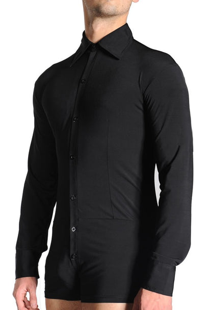 Men's Black Smooth Ballroom Button Down Shirt with Built-in Briefs and Collar M018 in Stock