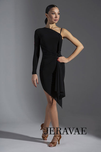 Single long sleeve on black latin dress with flutter sash and gathered waist