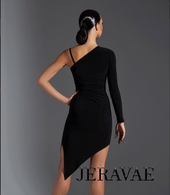black latin dress with short slit and single long sleeve