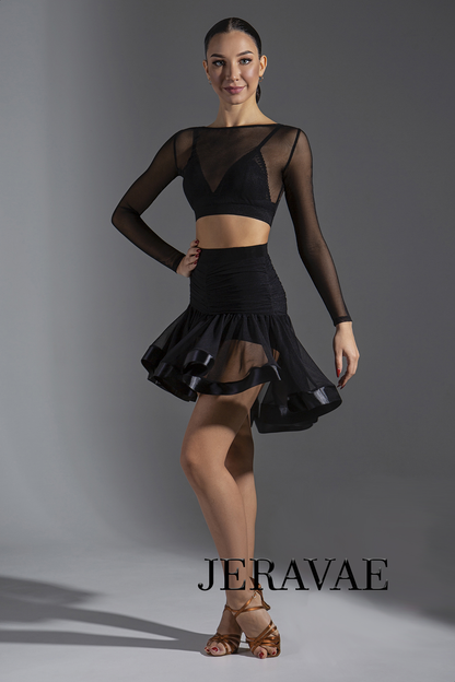 See Through Black Latin Practice Skirt with Asymmetrical Length, Satin Hem, Ruched Back, and Sewn-in Shorts PRA 577
