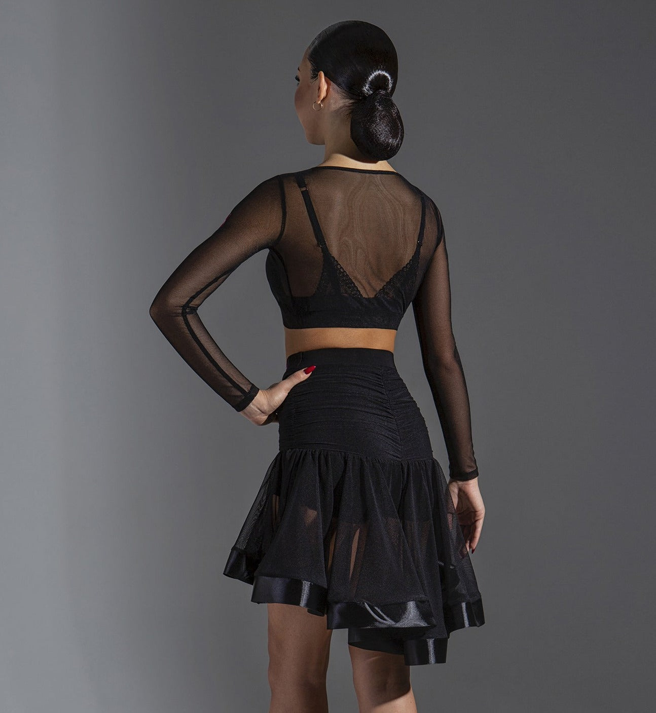 Transparent Mesh Black Latin Practice Skirt with Satin Hem and Ruched Back PRA 577_sale