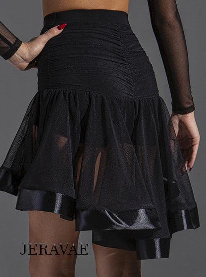 See Through Black Latin Practice Skirt with Asymmetrical Length, Satin Hem, Ruched Back, and Sewn-in Shorts PRA 577