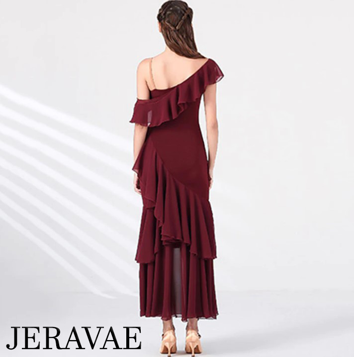 Single Drape Shoulder Ballroom Practice Dress with Chiffon Tiered Ruffles Available in Wine Red and Warm Cream PRA 877_sale
