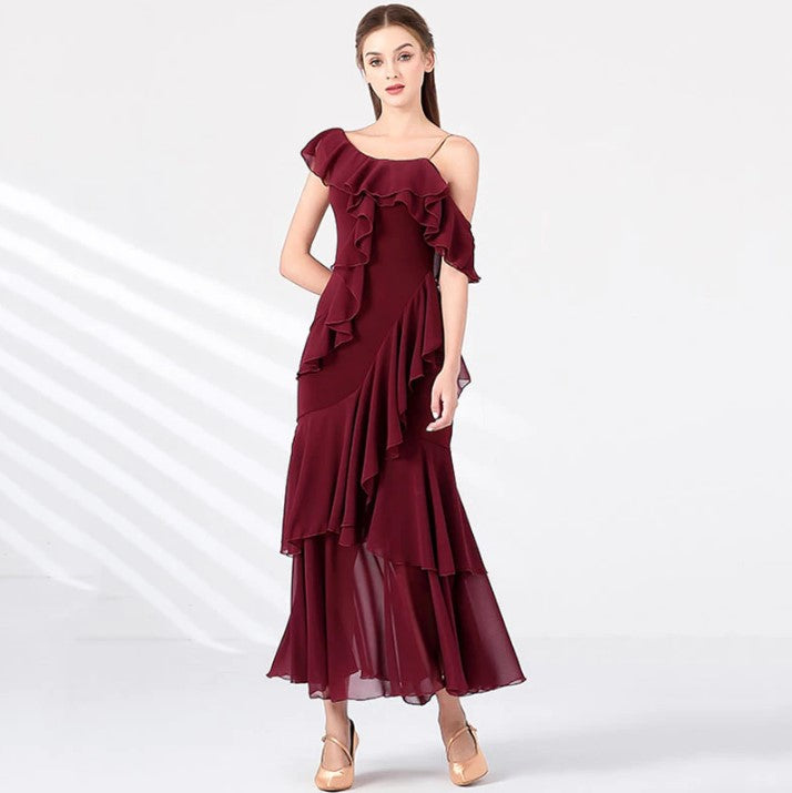 Single Drape Shoulder Ballroom Practice Dress with Chiffon Tiered Ruffles Available in Wine Red and Warm Cream PRA 877 in Stock