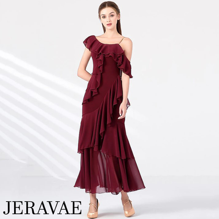 Single Drape Shoulder Ballroom Practice Dress with Chiffon Tiered Ruffles Available in Wine Red and Warm Cream PRA 877_sale