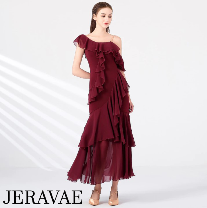 Single Drape Shoulder Ballroom Practice Dress with Chiffon Tiered Ruffles Available in Wine Red and Warm Cream PRA 877 in Stock
