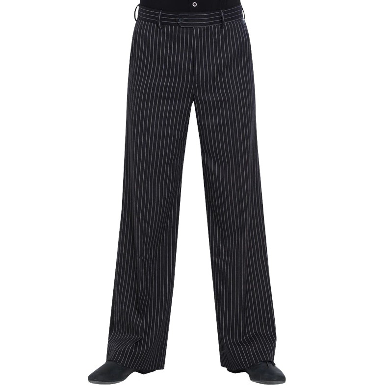 Men's Black Latin or American Smooth Dance Pants with White Pinstripe Available with or without Belt Loops MP5 in Stock