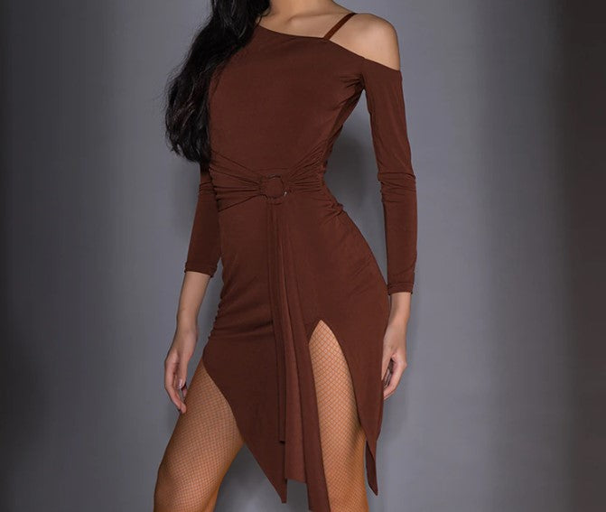 Black or Coffee Latin Practice Dress with Belt Sash, Single Strap, and Asymmetrical Skirt PRA 753_sale
