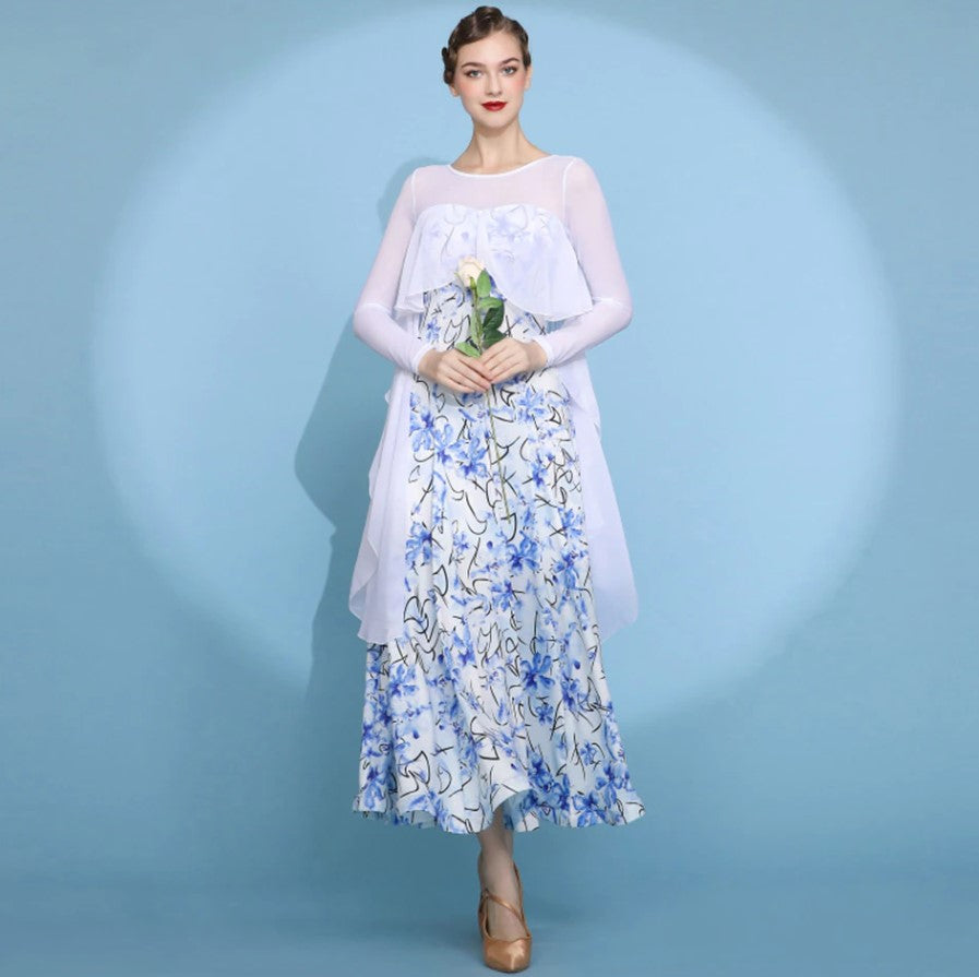White and Blue Floral Long Sleeve Ballroom Practice Dress with Illusion Neckline and White Chiffon Ruffle Capelet Style Attached Floats PRA 788 In Stock