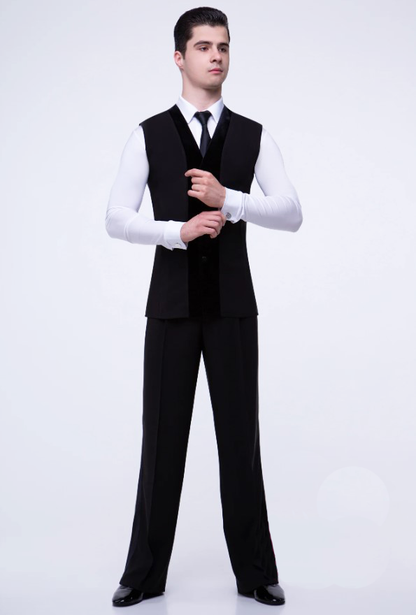 Men's Black Single Breasted Ballroom Slim Fit Vest with Velvet Accent (No Pockets) M064 in Stock