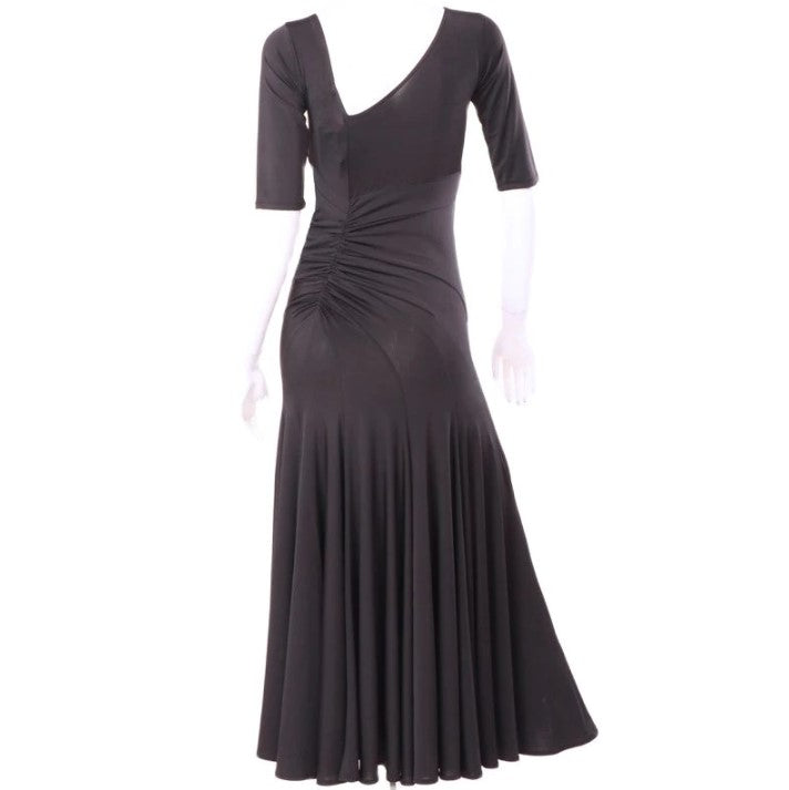 Long Black Ballroom Practice Dress with Half Sleeves, Soft Hem, and Gather in Back with Diagonal Back Neckline PRA 467