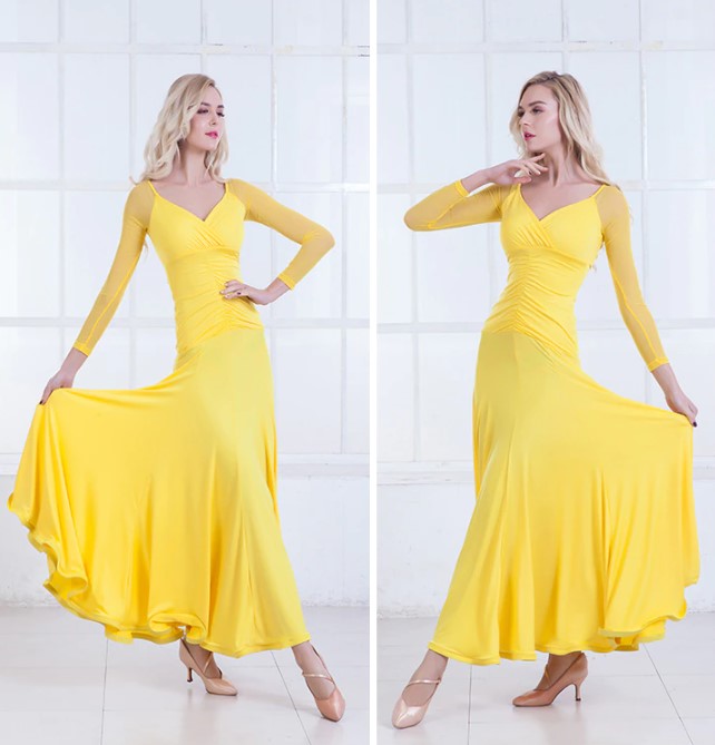 Ballroom Practice Dress with 3/4 Sleeves, Soft Hem, Rouching, and V-Neck in 3 Colors and Sizes S-3XL PRA 411 in Stock