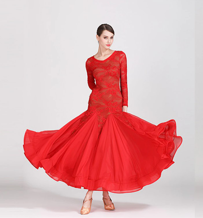 Long Lace Ballroom Practice Dress with Nude Illusion Background and Long Sleeves in Red and Black Sizes S-XXL PRA 269 in Stock