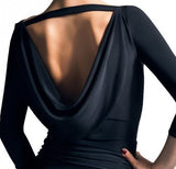 3/4 Sleeves Black Latin or Ballroom Practice Top with Open Cowl Back and Sleek Front Pra336