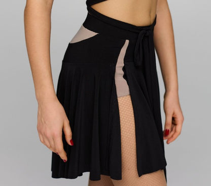 Short Black Latin Practice Skirt with Nude Crepe Panels, Side Slits, and Soft Hem PRA 825