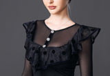 Women's Black Bodysuit Practice Top with Illusion Neckline, Large Ruffle with Velvet Polka Dots and Trim, and 3/4 Length Mesh Sleeves Pra908_in