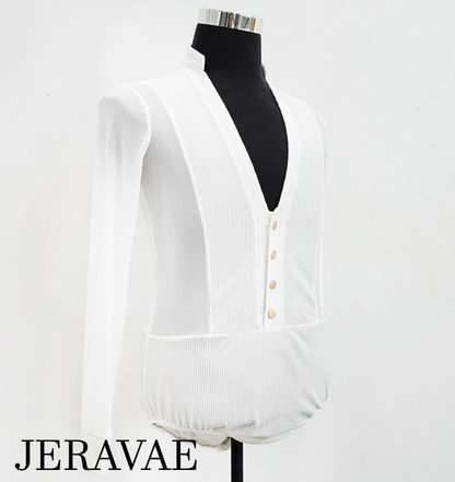 Men's Deep V-Neck White Stretch Mesh and Velvet Corduroy Bodysuit with Mandarin Collar and Gold Buttons M063 in Stock