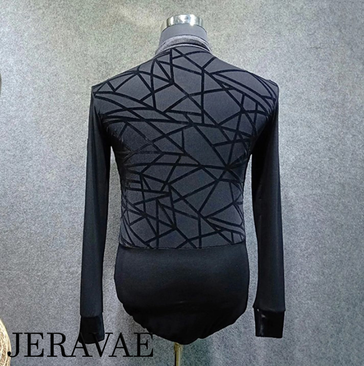 Men's Black Bodysuit with Mandarin Collar, Gold Buttons, and Mesh on Side and Back with Velvet Geometric Pattern M065 in Stock