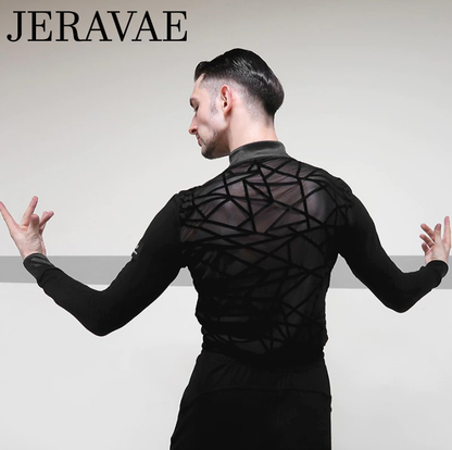 Men's Black Bodysuit with Mandarin Collar, Gold Buttons, and Mesh on Side and Back with Velvet Geometric Pattern M065 in Stock