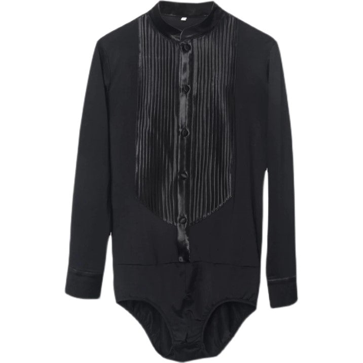 Men's Latin or Rhythm Competition Faux Tuxedo Bodysuit with Button-up Front and Mandarin Collar M070 in Stock