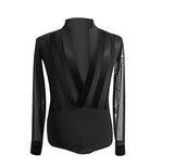 Men's Black Long Sleeve Mesh and Velvet Latin or Rhythm Open Top with Deep V-Neck Bodysuit/Tuck in Style Shirt M071 in Stock