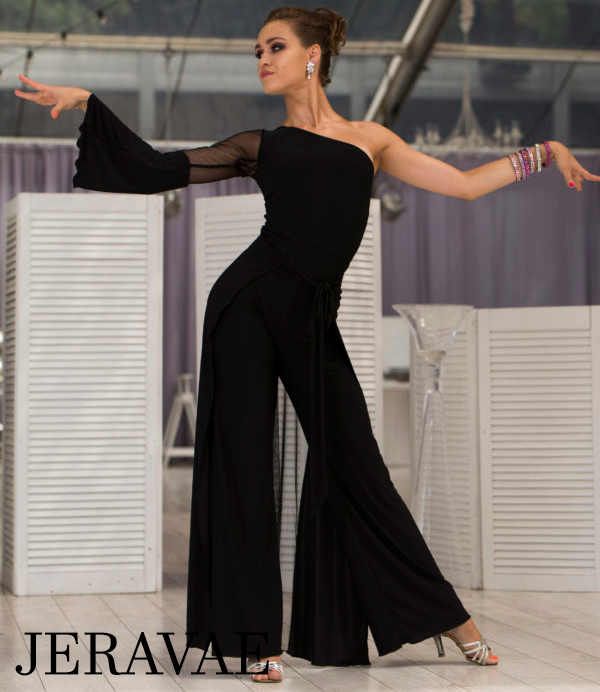 Senga Dancewear SEGA Black Jumpsuit with Asymmetrical Neckline, Single Bell Sleeve, and Detachable Skirt Accessory PRA 993 in Stock