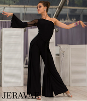 Senga Dancewear SEGA Black Jumpsuit with Asymmetrical Neckline, Single Bell Sleeve, and Detachable Skirt Accessory Pra993 in Stock