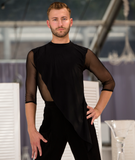 Senga Dancewear SHISPARE Black Tuck Out Style Latin Shirt with Loose Angle Cut Material Over Mesh Front and Sleeves M075 in Stock