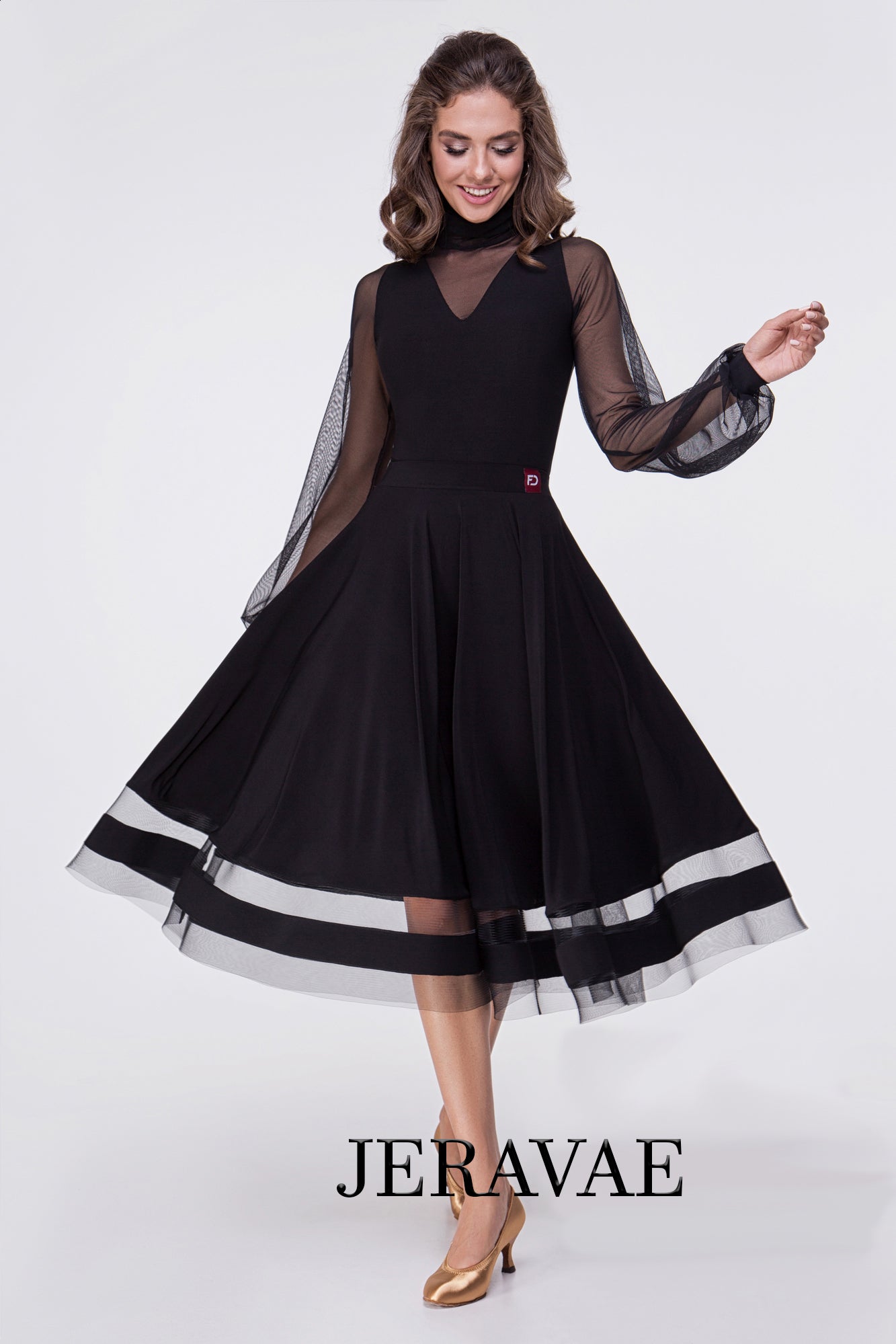 Tea Length Ballroom Or Standard Practice Skirt with Exposed Horsehair Hem and Striped Cut Out Detail Pra551
