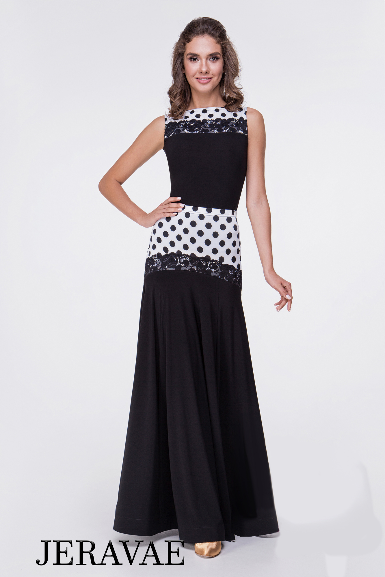 White and Black Polka Dot Ballroom Practice Skirt with Lace Accent and Matching Sleeveless Practice Top