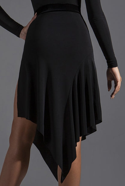 Latin Practice Skirt with High Side Slit, Velvet Waistband, and Flutter V-Cut Hem in Black, Red, or Brown PRA 581