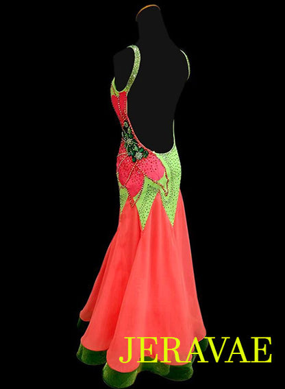 Watermelon Orange and Neon Green Smooth Ballroom Dress. SMO002 sz Small SOLD