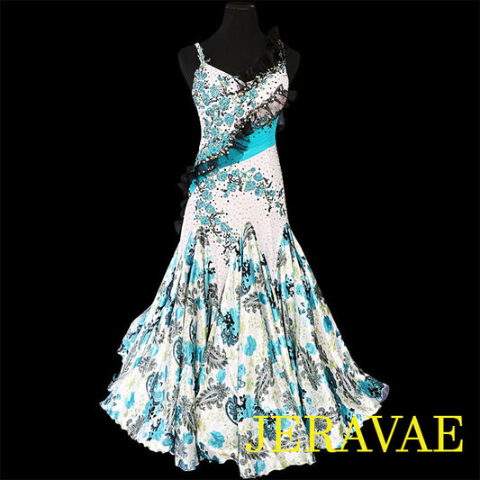 White Smooth Ballroom Dress Teal & Black Stones & Lace Floral M/L SMO016 sz Medium SOLD