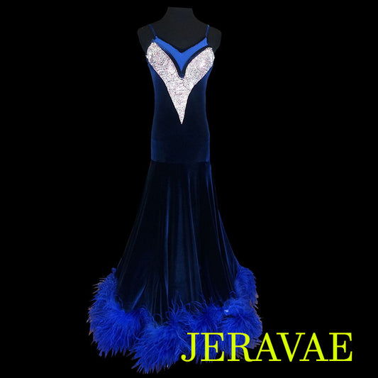 Navy Blue Velvet Ballroom Smooth Dress With Feather Hem SMO018 sz Medium