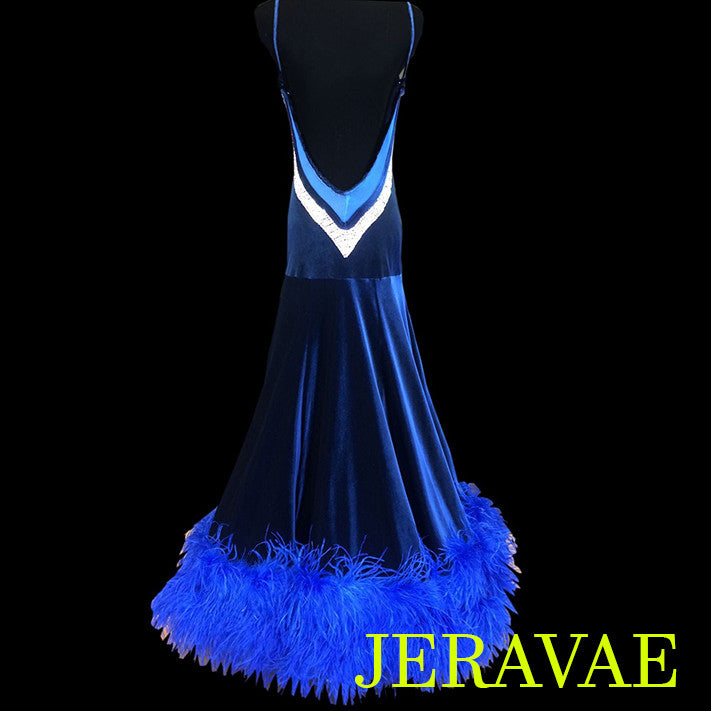NAVY BLUE VELVET BALLROOM SMOOTH DRESS WITH FEATHER HEM SMO018 sz Medium