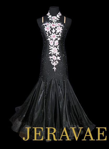 Black Smooth Ballroom Dress with Swarovski stones and lace. Removable Floats for Standard SMO036 sz Small/Medium