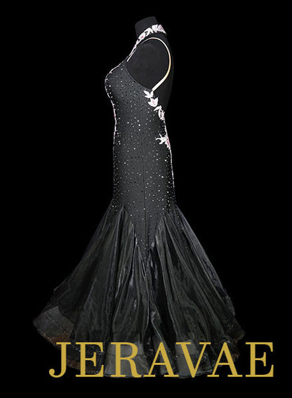 Black Smooth Ballroom Dress with Swarovski stones and lace. Removable Floats for Standard SMO036 sz Small/Medium