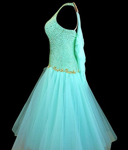 Mint Green Smooth or Standard Ballroom Dress with Gold Accents. Covered in Swarovski Stones Smo038 Sz S/M