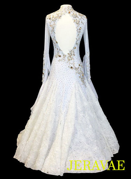 White Standard Ballroom Dress with Gold Accents and Lace Appliques SMO039 sz Large (SOLD)